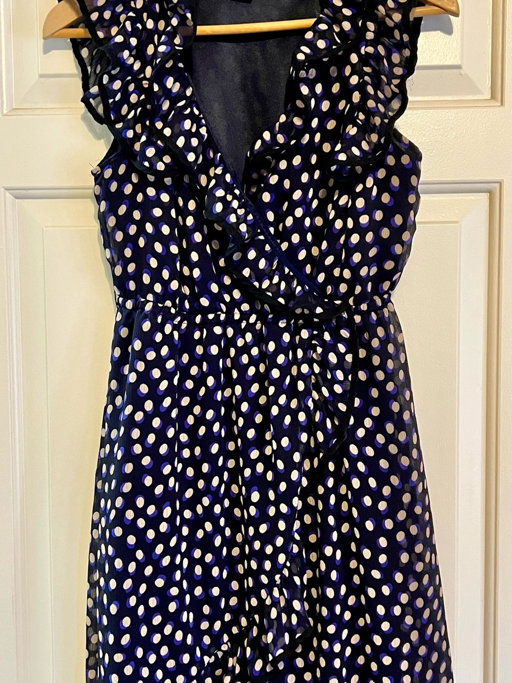 H&M Navy Blue & Cream Ruffle Faux-Wrap Polka Dot Dress - Size 10